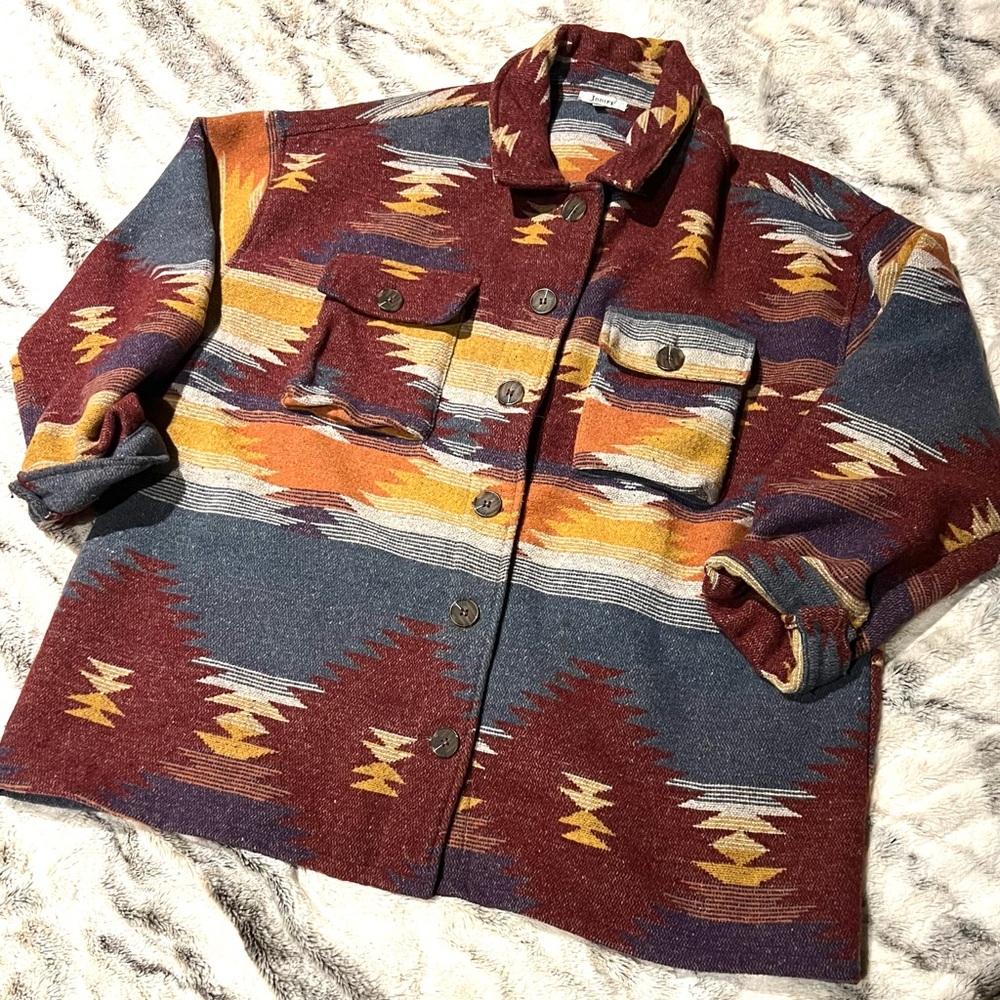 JODIFL Southwestern Button-Up Jacket in Burgundy, Mustard & Slate Blue 2X
